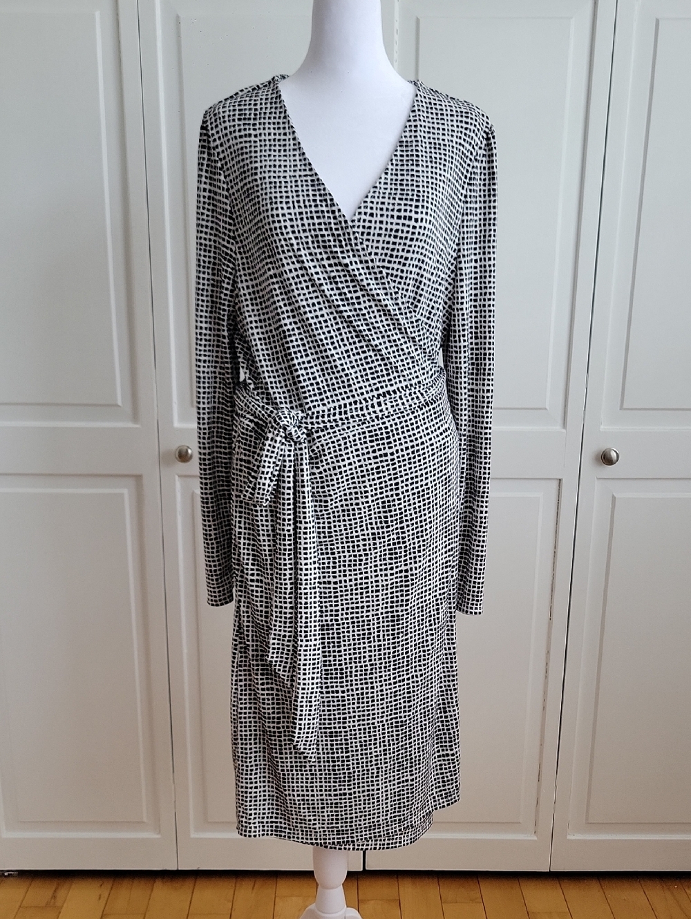 INC International Concepts Black and White Grid Wrap Dress
